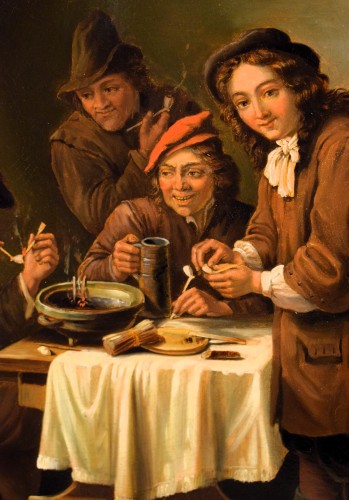 Antiquités - Fumeurs dans la taverne - Ecole flamande du XIXe siècle